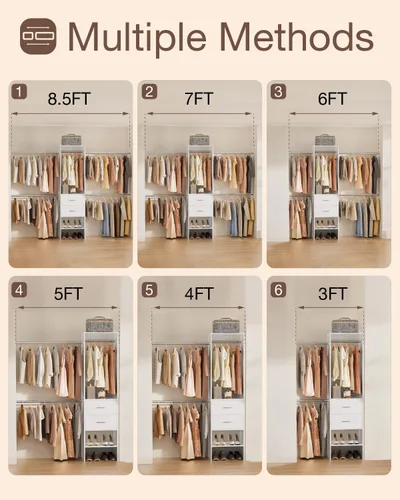 Vista 2 de Sistema de Closet con Cajón, Sistema de Organizadores de Closet de 5-8 Pies con 5 Barras Colgantes Ajustables y Estante para Zapatos, Organizadores