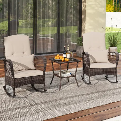 Vista 9 de ORALNER Juego de 3 mecedoras de mimbre para muebles de patio, sillas mecedoras para exteriores con cojines, almohadas, mesa de centro de cristal