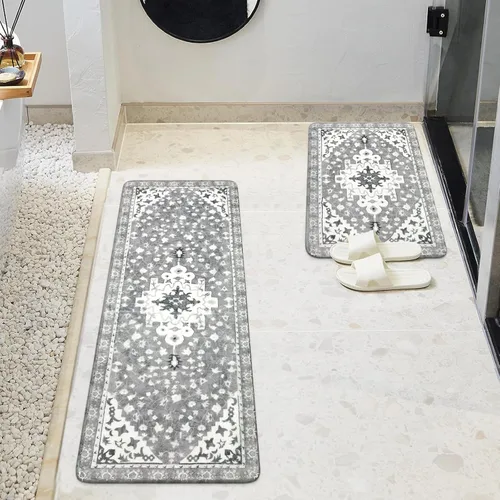 Vista 6 de Uphome Juego de 2 tapetes de baño bohemios vintage, antideslizantes, suaves, lavables a máquina, oriental estético, tapete de baño tradicional
