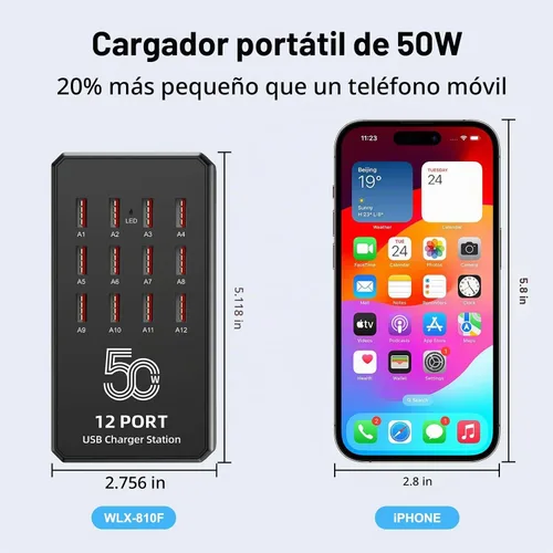 Vista 5 de Estación de carga USB de 50 W y 12 puertos para múltiples dispositivos, concentrador de carga USB portátil compatible con iPhone, Android, tableta