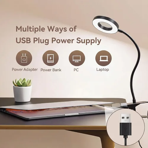 Vista 4 de Paquete de 2 lámparas de escritorio LED con clip, lámpara de metal ajustable 360 para el cuidado de los ojos con función de memoria, 3 modos