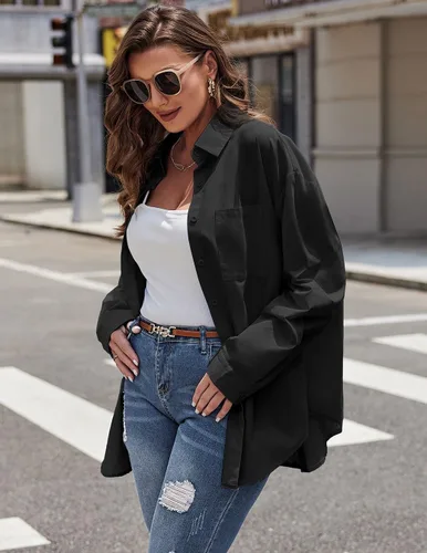 Vista 2 de IN'VOLAND Camisas de manga larga con botones para mujer, talla grande, de algodón, casual, con cuello, holgadas, con bolsillo