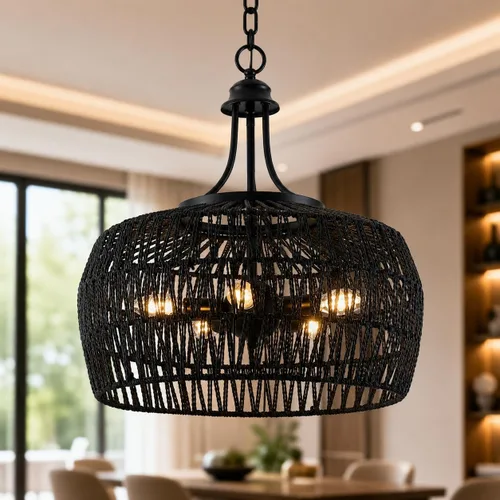 Vista 10 de Lámpara de araña bohemia de granja de 12.6 pulgadas para comedor, lámpara de ratán de 3 luces con pantalla tejida, iluminación colgante costera