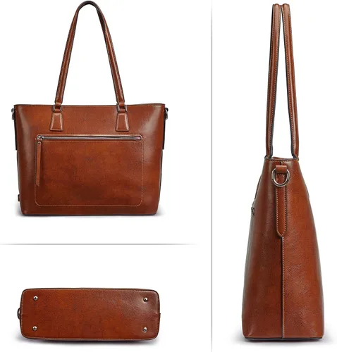 Vista 7 de S-ZONE Bolso de mano de cuero genuino para mujer, maletín vintage, bolso de trabajo, bolso grande de 15.6 pulgadas, L