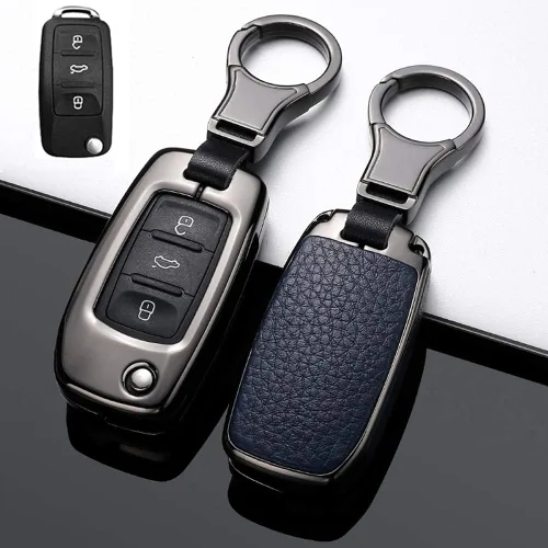 Vista 9 de SANRILY 1 unids Flip Key Fob Funda para Volkswagen Jetta Passat Golf Beetle GTI Tiguan EOS Keyless Remote Metal Cuero Key Protector Shell con Rojo