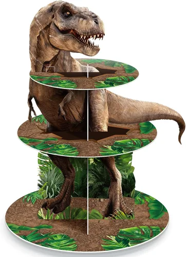 Vista 11 de Censen Soporte para cupcakes de dinosaurio de 3 niveles, decoración de fiesta con temática de dinosaurio, decoración de torre de postre