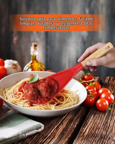Vista 4 de Cuchara de cocina para utensilios de cocina antiadherentes, ideal para cocinar y servir silicona mate resistente sin BPA, cuchara con mango de 1