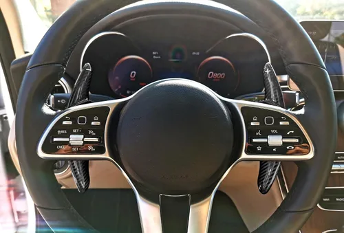 Vista 6 de iJDMTOY Extensiones grandes de paleta de fibra de carbono genuina negra de alto brillo compatibles con Mercedes-Benz: Clase C 2015 en adelante Clase