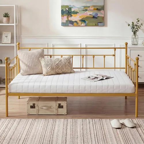 Vista 26 de VECELO - Marco de sofá cama de tamaño individual con soporte de listones de acero, cabecero, plataforma de cama para sala de estar, habitación