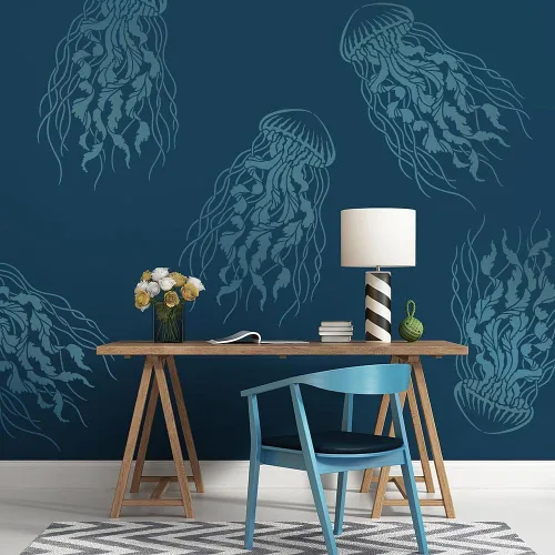 Vista 4 de Plantilla de pared de medusas grandes – Plantillas grandes para pintar paredes – Prueba plantillas en lugar de papel tapiz – Plantillas modernas