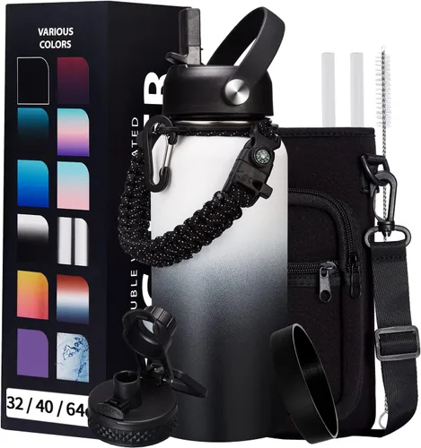 Vista 57 de Botella de agua aislada de 1 galón, con popote y tapa de pico automático, mango de paracord, funda para botella, botella de agua de acero inoxidable