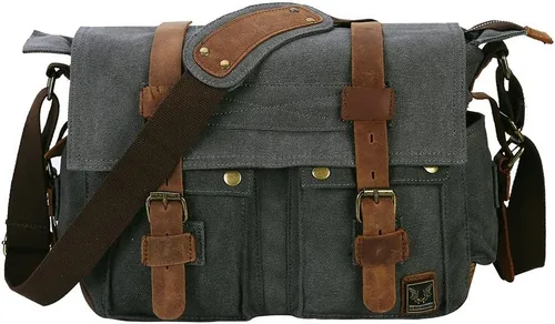 Vista 9 de morral de cuero y lona para computadora portátil + morral de lona para cámara Dslr Slr, Verde ejército), 3323830