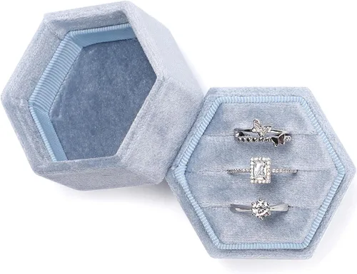 Vista 10 de WantGor Caja del anillo de la joyería del terciopelo, 3 ranuras anillo Beige