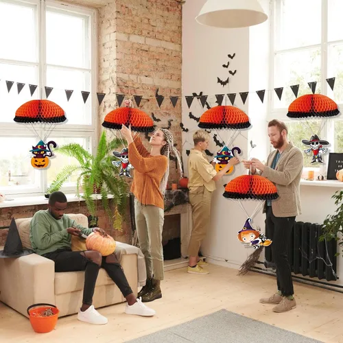 Vista 5 de Adornos colgantes de Halloween para exteriores, adornos colgantes grandes de Halloween para árbol, 3 adornos de bola de panal de abeja de Halloween