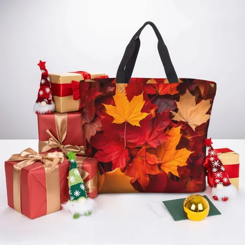 Vista 6 de Bolsa de mano de girasoles negros para mujer, bolsas reutilizables para compras de comestibles con cremallera, bolsa de hombro casual Hojas de otoño