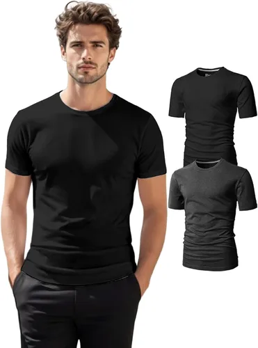 Vista 8 de H2H Camisetas para hombre - Pack de varias unidades, diseño simple, manga corta, ajuste delgado, mezcla de algodón (cuello en V/cuello redondo)