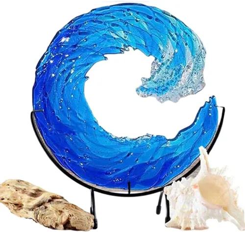 Vista 4 de Escultura de vidrio fundido con ondas, adorno azul degradado creativo, forma de olas del océano, arte para decoración de escritorio, decoración