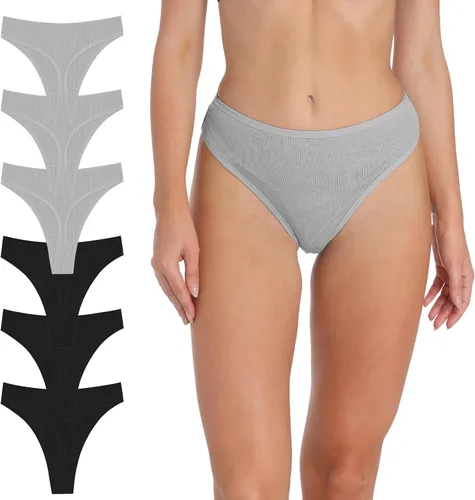 Vista 12 de Tanga de algodón acanalado transpirable sin costuras de cintura alta para mujer, ropa interior de talla grande 2 negro/2 verde/2 vino tinto