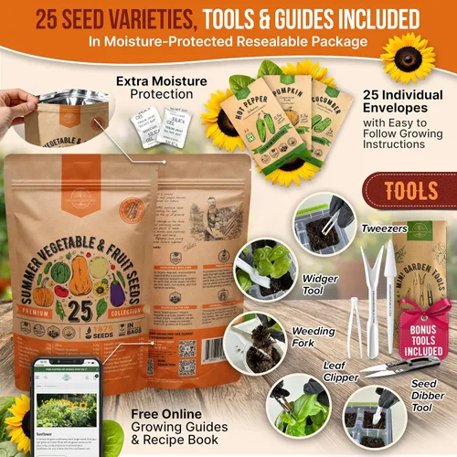 Vista 3 de Paquete de variedad de 25 semillas de vegetales y frutas de verano - más de 1,870 semillas autóctonas sin OMG para jardinería en interiores