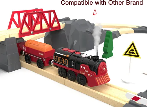 Vista 5 de Juego de tren eléctrico de juguete para pistas de madera, juguete de tren locomotora con control remoto para niños, compatible con Thomas, Brio