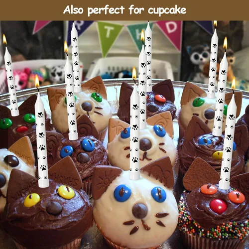 Vista 5 de 12 velas de cumpleaños temáticas con estampado de patas para pasteles, cupcakes, perros, patrulla de perros, velas para mascotas, cachorros, gatos