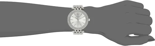 Vista 2 de Accutime XOXO - Reloj analógico para mujer con caja plateada, bisel con incrustación de cristal, esfera plateada con rayos de sol, reloj