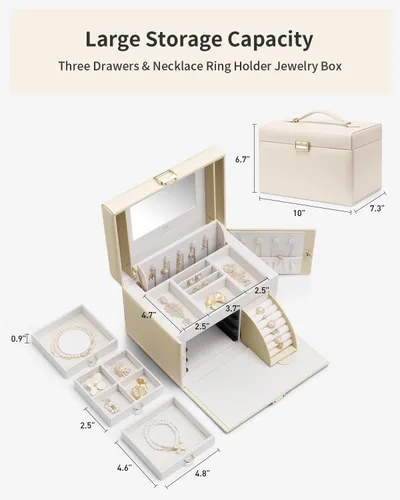 Vista 5 de Vlando Joyero organizador para niñas y mujeres, caja de almacenamiento de joyería barroca grande con espejo, cajones para pulseras, aretes, anillos