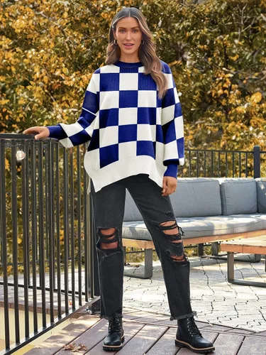 Vista 196 de Lillusory - Suéter extragrande con mangas de murciélago y cuello redondo para mujer, prenda moderna de otoño de tejido de punto sin botones