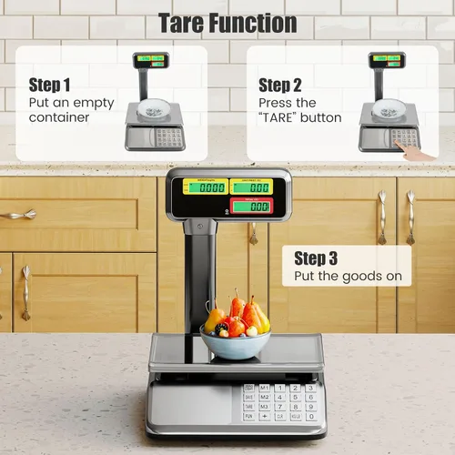 Vista 4 de S AFSTAR Báscula de cálculo de precios con pantalla de poste, báscula comercial de alimentos de 88 lb con plataforma de acero inoxidable, batería