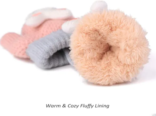 Vista 4 de Flammi - 2 pares de mitones para bebés, niños y niñas, forro de sherpa de invierno, guantes de punto cálido, guantes de dibujos animados para niños