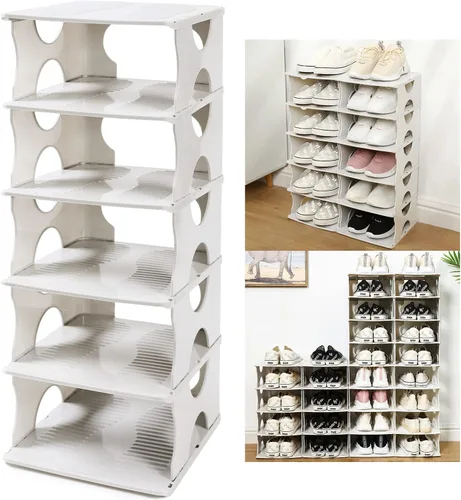 Vista 11 de Zapatero grueso de 6 niveles, organizador de almacenamiento apilable para entrada de dormitorio, estante ajustable, estante con ranuras para Negro