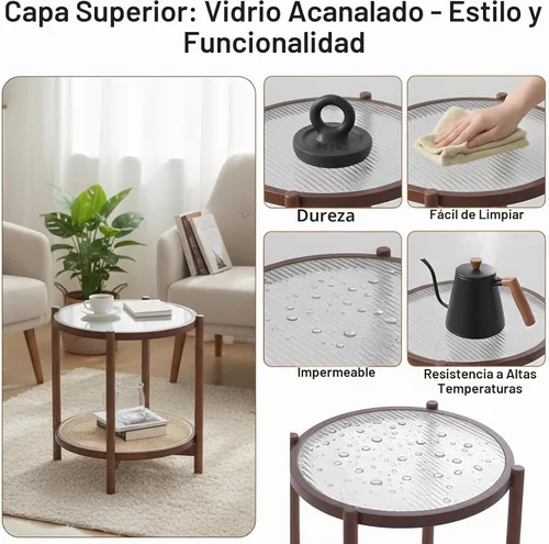 Vista 2 de Tiita Mesa auxiliar de ratán, mesa auxiliar redonda moderna de bambú, tapa Nogal (19.7 x 19.7 x 22.4 pulgadas)