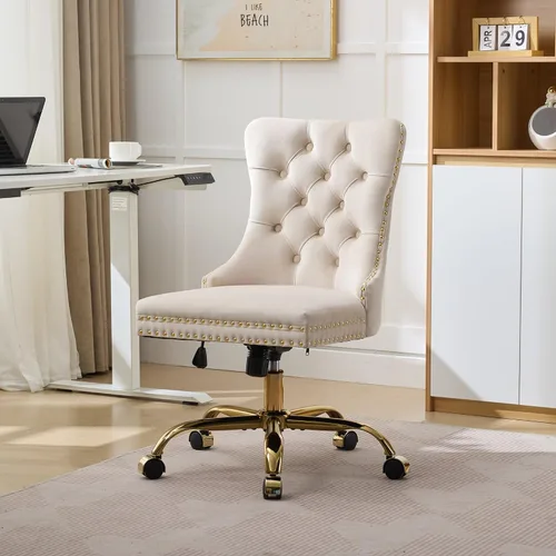Vista 8 de SSLine Elegante silla de escritorio de terciopelo para niñas y mujeres, silla giratoria copetuda para computadora de oficina con ruedas, moderna