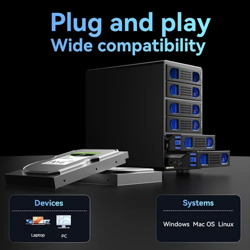 Vista 8 de CENMATE Carcasa de disco duro de 6 bahías con ventilador de refrigeración para HDD/SSD SATA de 2.5"/3.5" con USB A/C 3.2 Gen 2, compatible