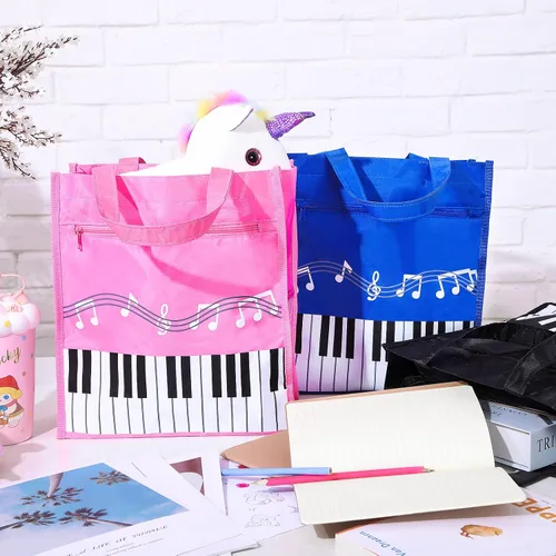 Vista 2 de 3 piezas de llavero de piano reutilizable, bolsa de compras de hombro para regalos de profesores de música, Azul,Negro