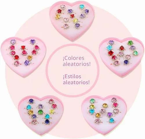 Vista 6 de Hifot Anillos ajustables de cristal para niñas, anillos de dedo de joyería de princesa con caja en forma de corazón, anillos de simulación