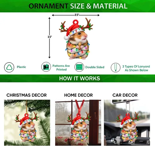 Vista 2 de Talataca Hámster con sombrero de Navidad, reno con cadena de luces 2D plano para espejo retrovisor para automóvil, accesorios para el árbol