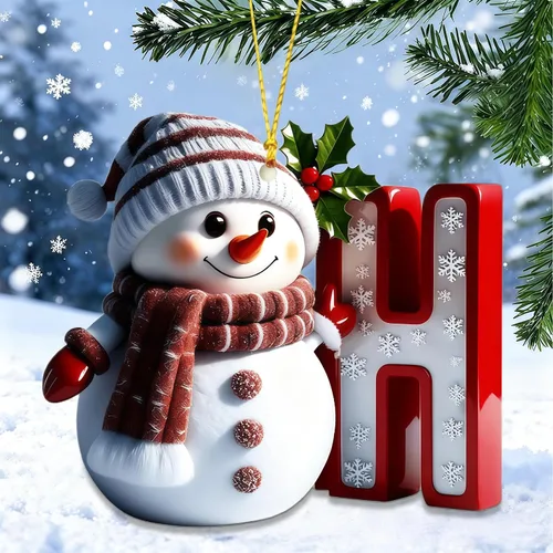 Vista 13 de Adornos de muñeco de nieve de Navidad, linda decoración de árbol de Navidad en forma de letra personalizada colgante, adorno colgante de bricolaje