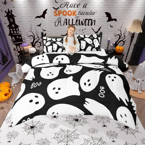 Vista 9 de Castle Fairy Happy Halloween - Juego de edredón para niños, tamaño Queen, juego de ropa de cama con diseño de fantasmas de dibujos animados rosa