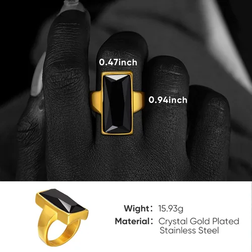 Vista 6 de VNOX Anillo de ónix rectangular de acero inoxidable chapado en oro de cristal negro vintage para mujer