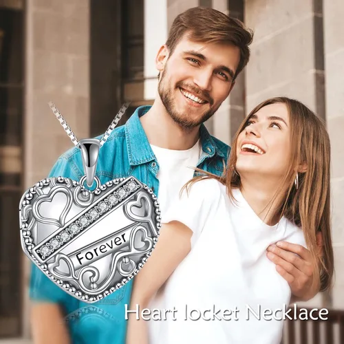 Vista 6 de URONE Collar con colgante de medallón de corazón para mujer, plata de ley, diseño de amor por siempre, soporte para fotos, regalo de joyería