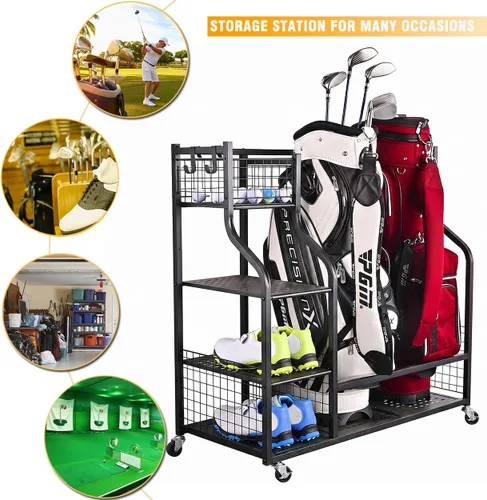 Vista 4 de Golf Bag Garage Storage Organizer Extra Large Size Golfs Bag Rack Stand Holder Negro (para 2 bolsas de golf)