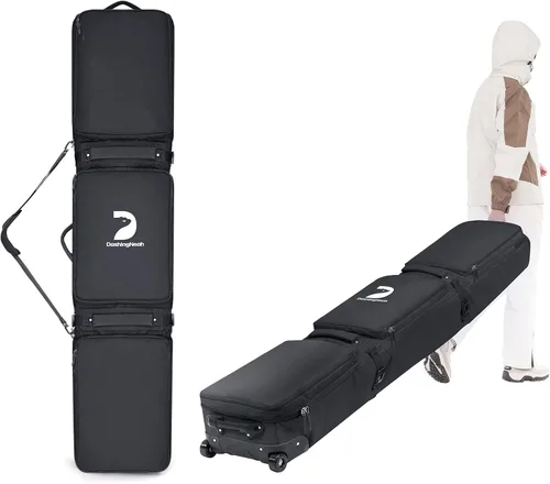 Vista 6 de DASHINGNOAH Bolsa impermeable para esquí con ruedas, doble bolsa rodante para snowboard para viajes aéreos, extensible de 155 cm a 187 cm, con 3
