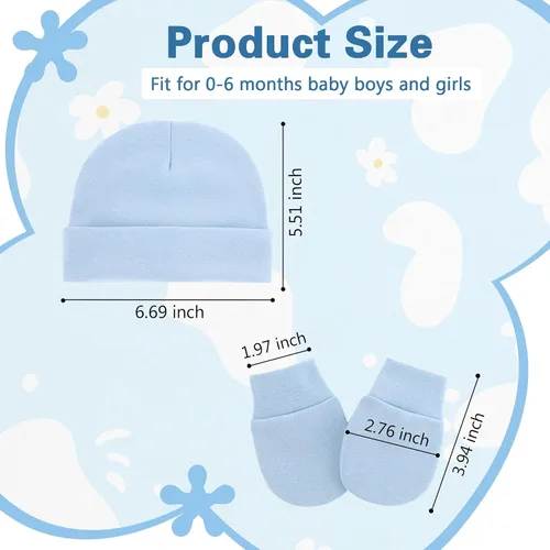Vista 5 de Zando Gorros y manoplas unisex para bebés, gorro de hospital para recién nacidos, con guantes antiarañazos, conjunto para bebés y niños