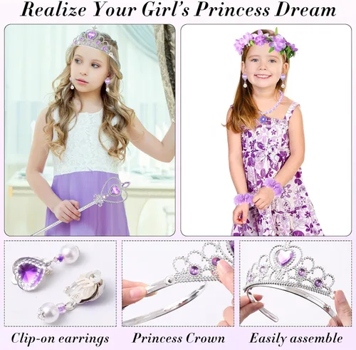 Vista 3 de Equsion Purple Girls Costume, Princess Dress Up Costume Accessories Set for Kids, Birthday Halloween Cosplay Party Outfit with Garlands Tiara Crown
