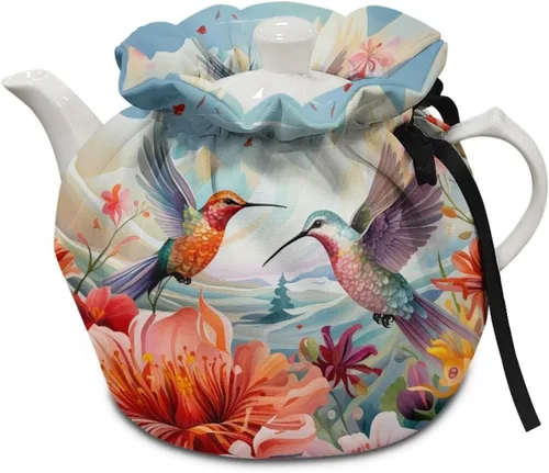 Vista 9 de DISNIMO Funda de tetera aislada a prueba de polvo con diseño floral de colibrí, para mantener el calor, accesorios decorativos, colcha