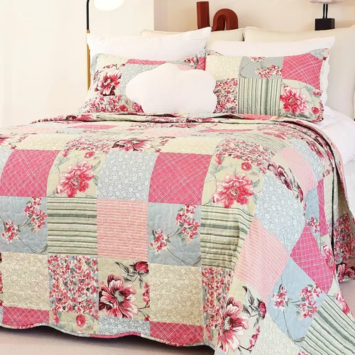 Vista 12 de Cmfshape - Juego de cama con edredón acolchado floral de verano tamaño king, juego de colcha rosa romántico, cubrecama reversible cosido para todas
