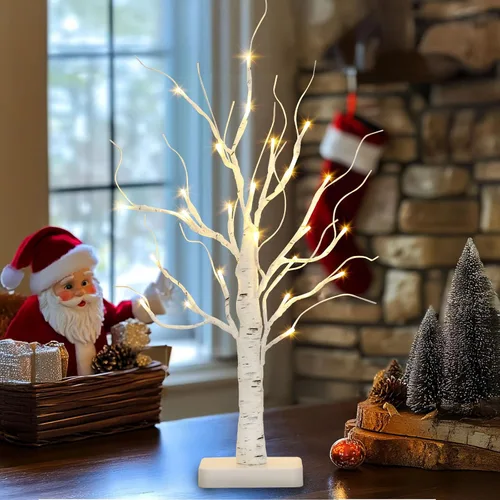 Vista 7 de PABIPABI Árbol de Abedul Iluminado, Árbol de Navidad de 22'' con 24 LED, Centro de Mesa Árbol Artificial con Luces Alimentado por Batería