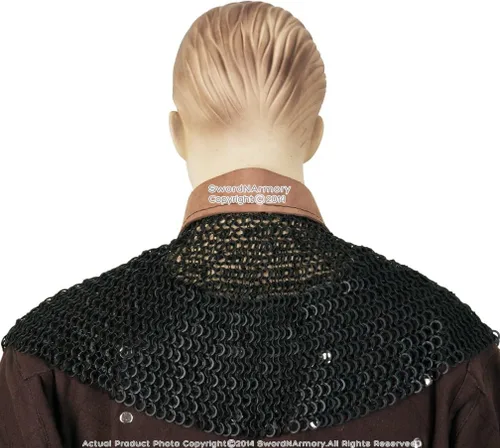 Vista 4 de Medieval Chainmail Aventail wCollar de Cuero Anillo Redondo Remachado 18G Acero