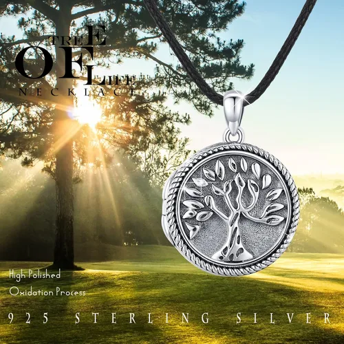 Vista 4 de Collar con medallón de árbol de la vida de plata de ley 925 redondo que sostiene fotos, colgante de foto del árbol de la vida, joyería regalos